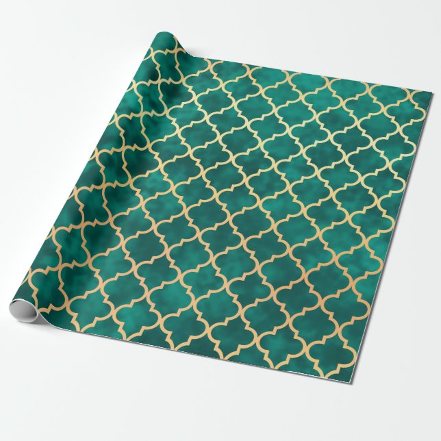 Elegantes Green und Gold Quatrefolie Art Deco Must Geschenkpapier (Ungerollt)