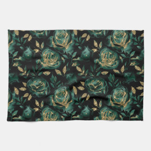 Elegantes Green und Gold Rose Blumenmuster Geschirrtuch