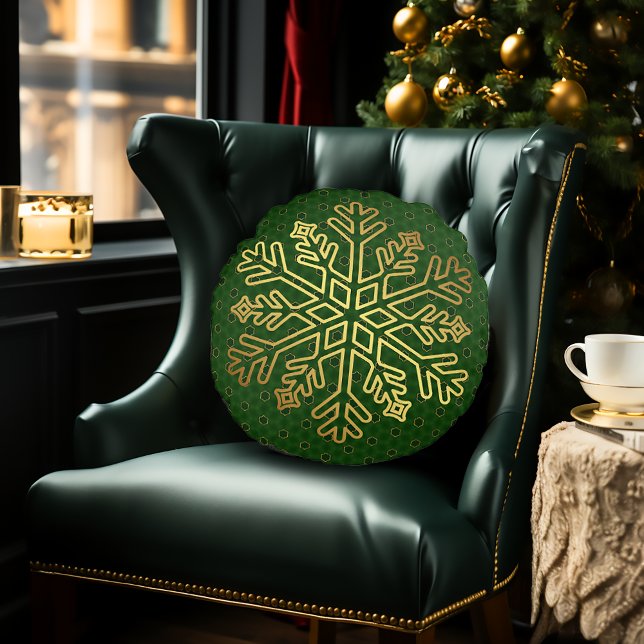 Elegantes Green und Gold Snowflake Decorative Rundes Kissen (Classic Decorative Christmas Green Snowflake Pillow)