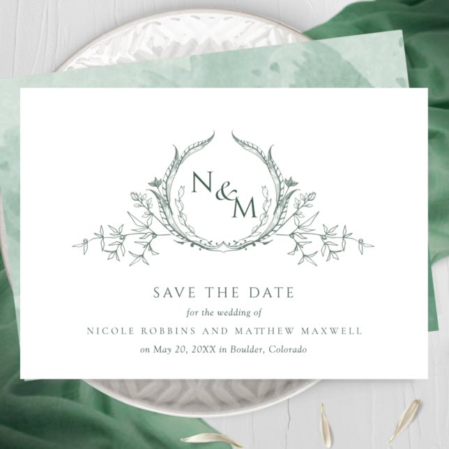 Elegantes Green Watercolor Monogramm Save The Date (Von Creator hochgeladen)