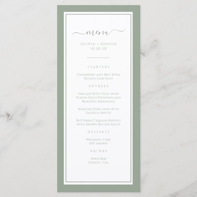 Elegantes Green Wedding Menu Menükarte (Vorderseite)
