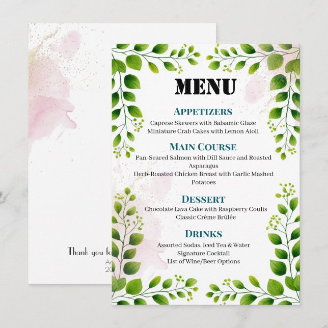 Elegantes Greenerity Frame Wedding Menü Menükarte (Vorne/Hinten)