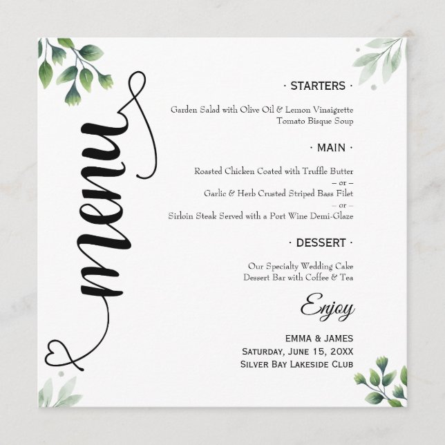 Elegantes Greenerity Script Round Wedding Flat Men Menükarte (Vorderseite)