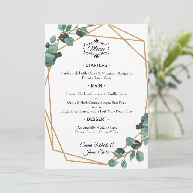 Elegantes Greenerity Table Wedding Menu Menükarte (Stehend Vorderseite)