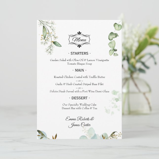 Elegantes Greenerity Table Wedding Menu Menükarte (Stehend Vorderseite)