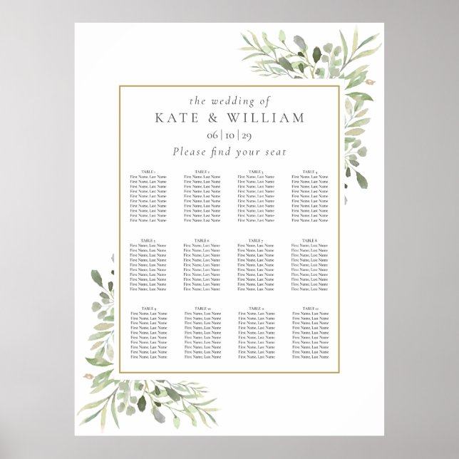 Elegantes Greenerity Wedding Seating Plan Poster (Vorne)