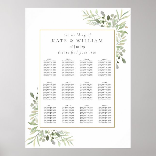 Elegantes Greenerity Wedding Seating Plan Poster (Vorne)