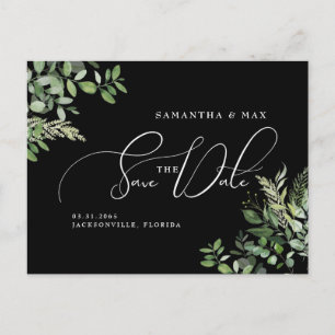 Elegantes Greenery Black Foto Save the Date Postkarte