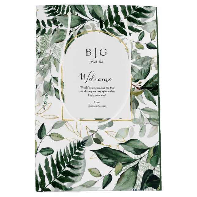 Elegantes Greenery Botanical Wedding Gästehaus Mittlere Geschenktüte (Vorderseite)