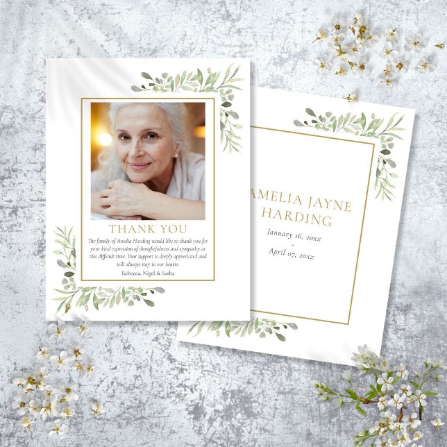 Elegantes Greenery Gold Beerdigung Foto Dankeskarte (Elegant Greenery Gold Funeral Photo Thank You Card)