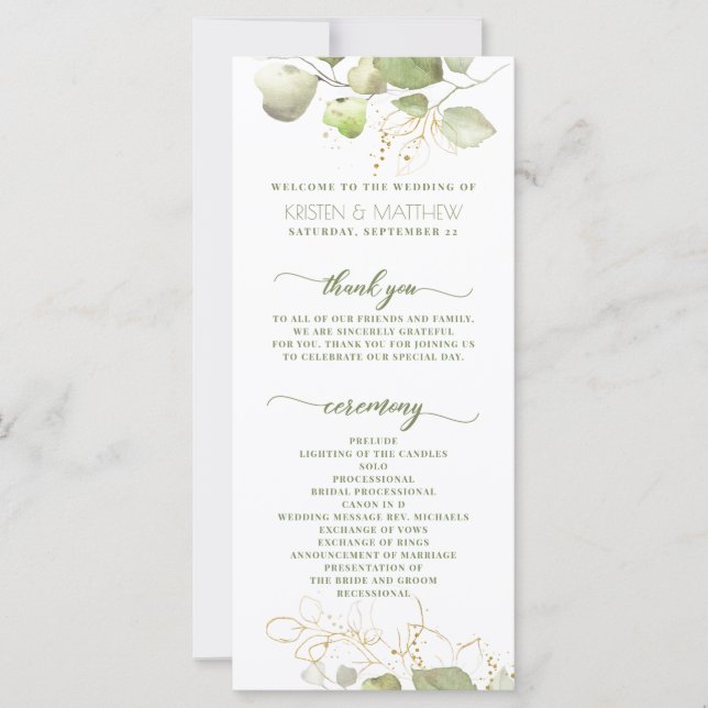 Elegantes Greenery Watercolor Floral Gold Programm (Vorderseite)