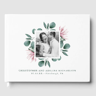 Elegantes Greenery Watercolor Rahmen Foto Hochzeit Gästebuch