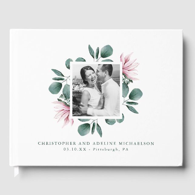 Elegantes Greenery Watercolor Rahmen Foto Hochzeit Gästebuch (Vorderseite)