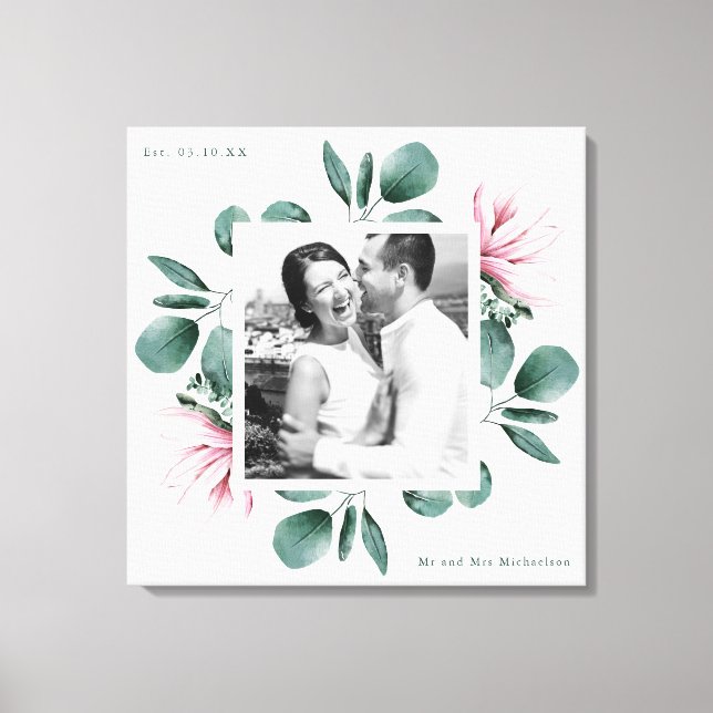 Elegantes Greenery Watercolor Rahmen Foto Hochzeit Leinwanddruck (Vorderseite)