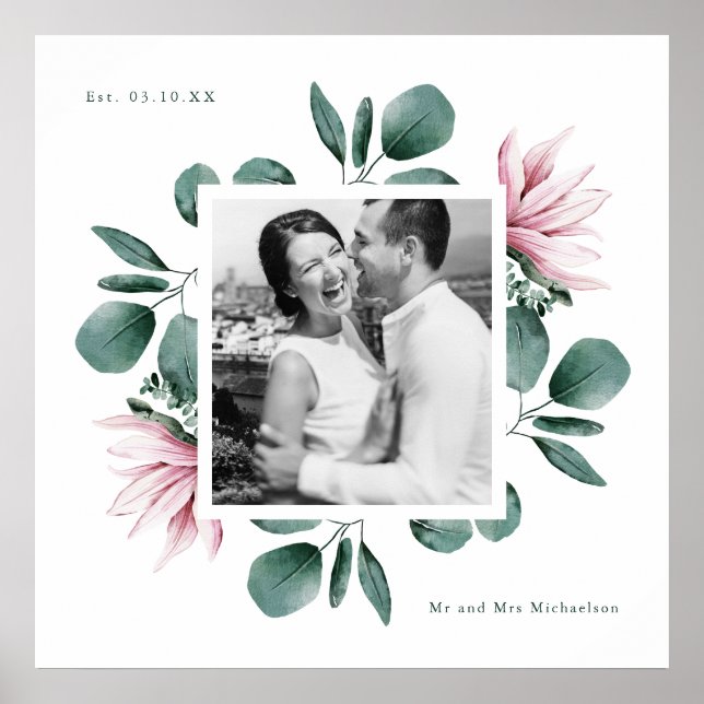 Elegantes Greenery Watercolor Rahmen Foto Hochzeit Poster (Vorne)