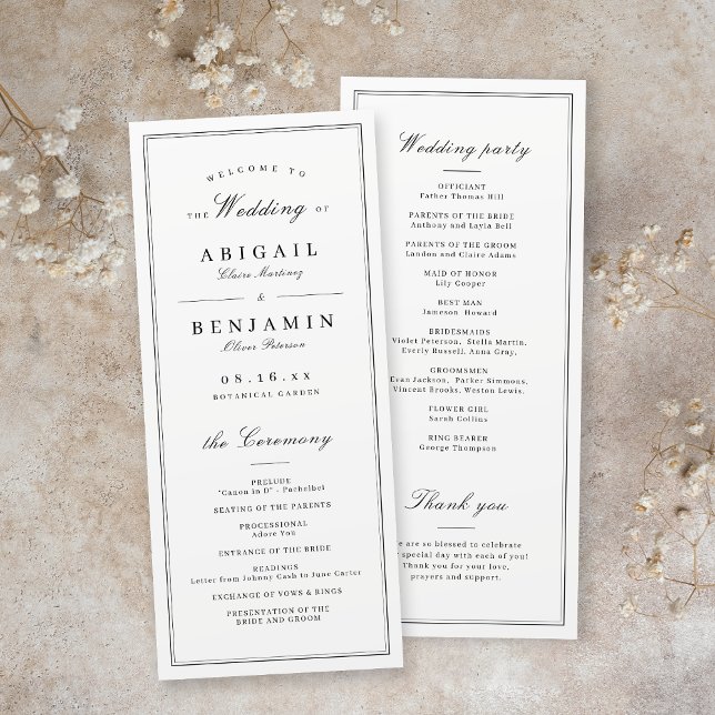 Elegantes grenzenloses Hochzeitsprogramm Programm (Elegant borders minimalist wedding program)