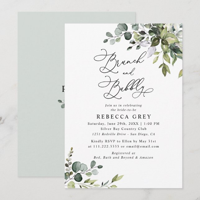 Elegantes Grün Brunch & Bläschendusche Einladung (Vorne/Hinten)
