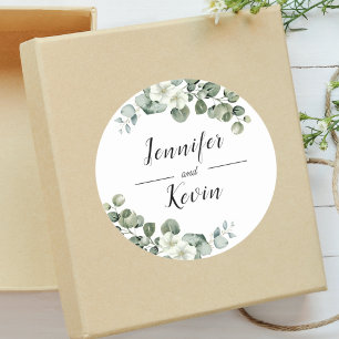 Elegantes Grün Eukalyptus Personalisierte Hochzeit Runder Aufkleber