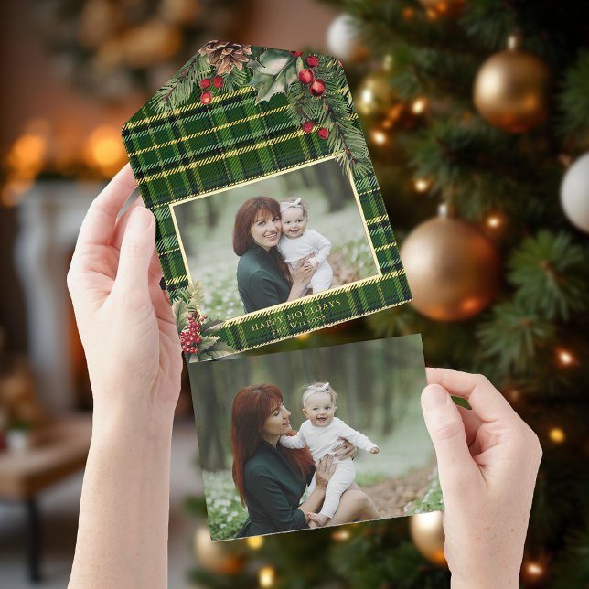 Elegantes Grün/Gold Foil Kariertes Holly-Foto All-in-One-Einladung (Von Creator hochgeladen)