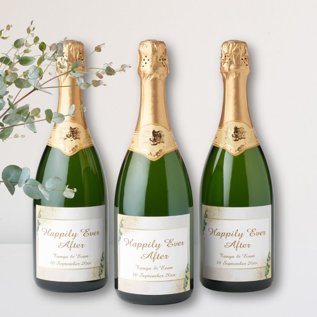 Elegantes Grün & Gold Foto Hochzeit (Elegant Green & Gold Wedding Sparkling Wine Label)