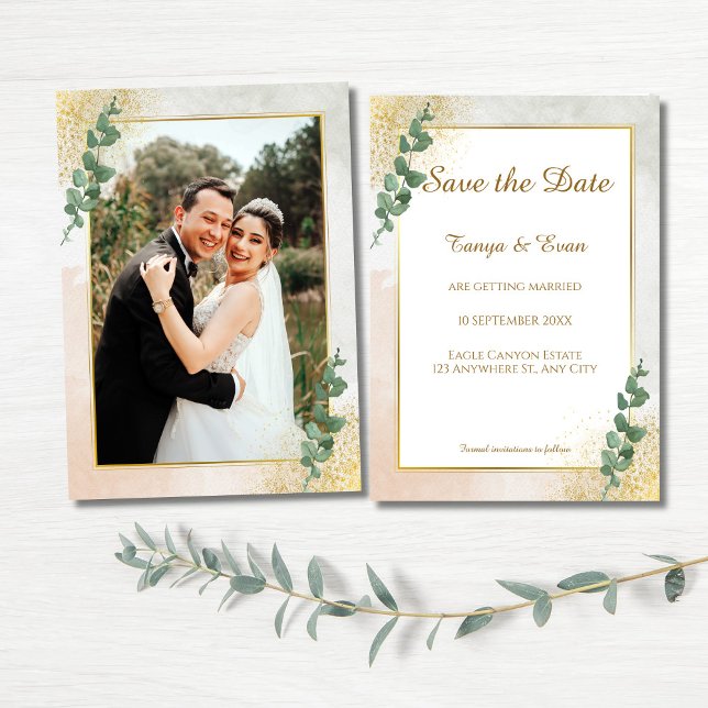 Elegantes Grün & Gold Foto Hochzeit speichern Sie  Einladung (Elegant Green & Gold Save the Date Wedding Invite)