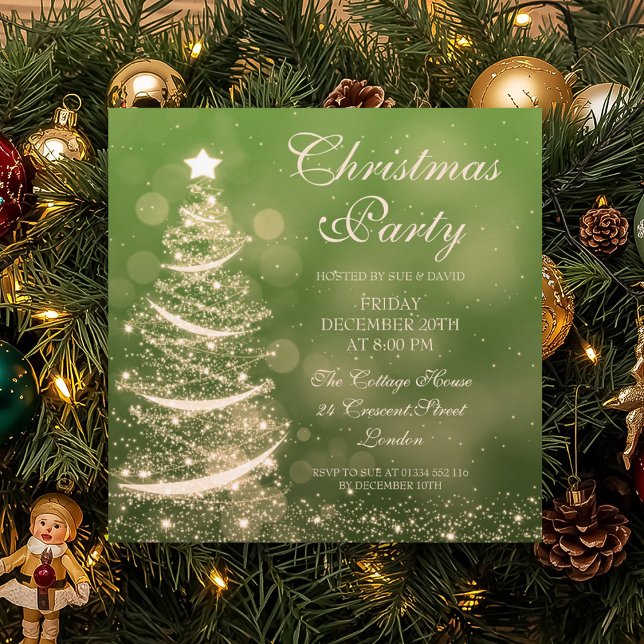 Elegantes Grün & Gold Weihnachten Party Sparkle Einladung (Elegant Green & Gold Christmas Party Sparkle Invitation)