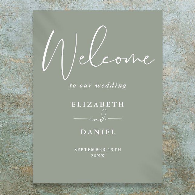 Elegantes Grün-Hochzeitssymbol Poster (Elegant Modern Sage Green Wedding Welcome Sign)