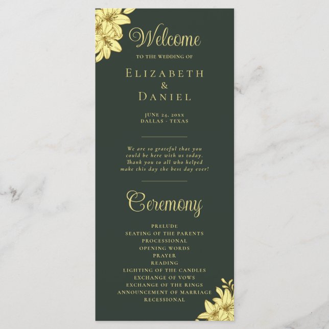 Elegantes Grün mit Goldtypografie-Hochzeit Programm (Vorderseite)