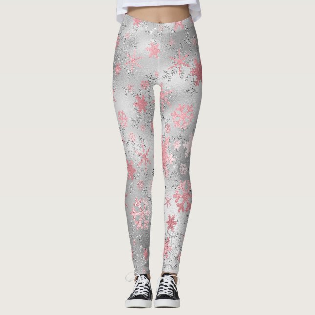 Elegantes Grün-Rosa Weihnachtsschneeflockenmuster Leggings (Vorderseite)