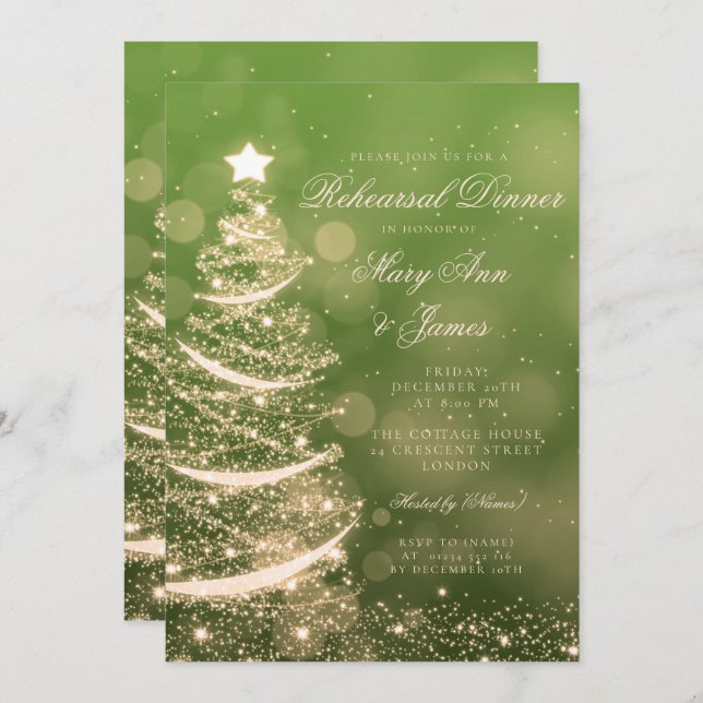 Elegantes Grün-u. GoldweihnachtsProben-Abendessen Einladung (Vorne/Hinten)