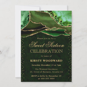 Elegantes Grün und Gold Glitter-Achat Sweet 16 Einladung