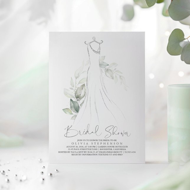 Elegantes Grün und Hochzeitskleid Brautparty Einladung (Silver Greenery Dress Bridal Shower Invitations)