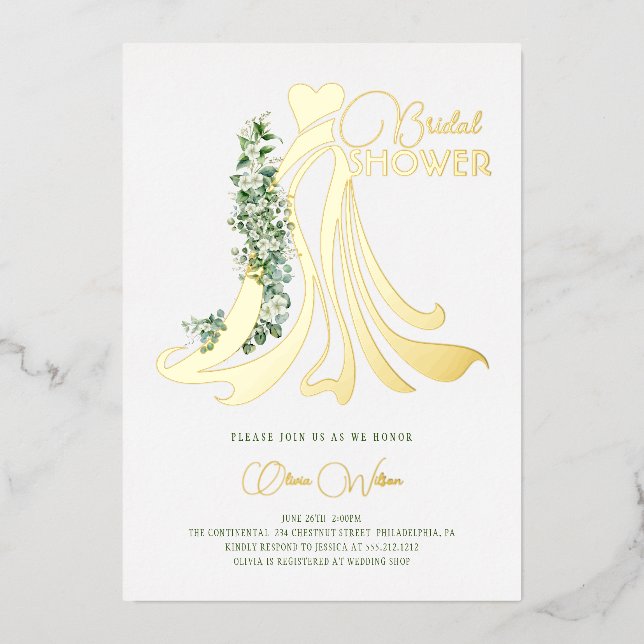 Elegantes Grün und Hochzeitskleid Brautparty Folieneinladung (Vorderseite)