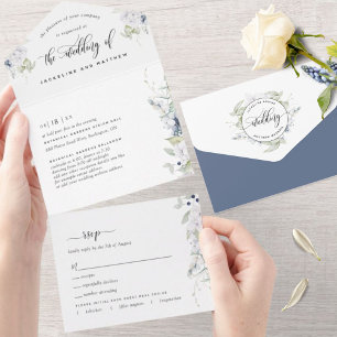 Elegantes Grün, Weiß Navy Blau Florale Hochzeit All In One Einladung