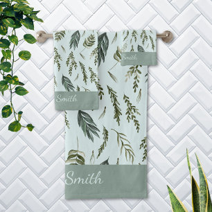 Elegantes Grünblätter Botanisches Naturmuster Badhandtuch Set