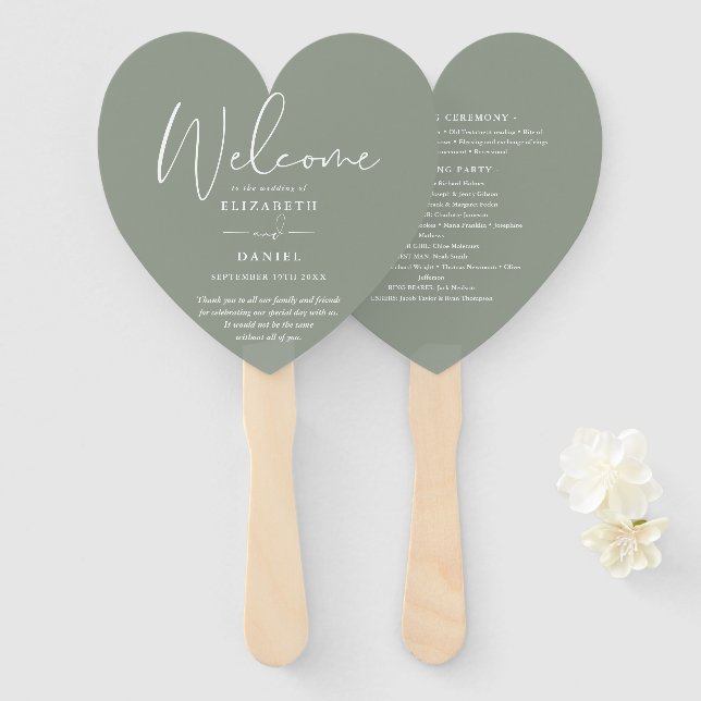 Elegantes Grünen Hochzeitsprogramm Herz Fächer (Vorne und Hinten)