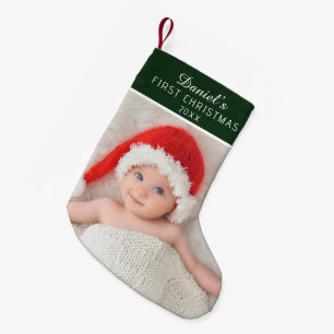 Elegantes grünes Baby-Foto mit individuellem Namen Kleiner Weihnachtsstrumpf