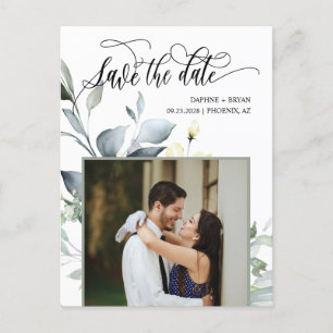 Elegantes grünes Blätter QR Code Foto Save the Dat Ankündigungspostkarte