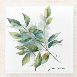 Elegantes grünes Blattwerk Aquarell, individuell Glasuntersetzer