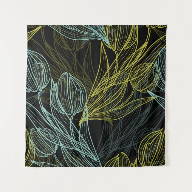 Elegantes, grünes, blaues Tulpenmuster Wandteppich (Vorderseite)