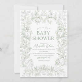 Elegantes, grünes Blumenstrauß Chinoiserie Baby Einladung