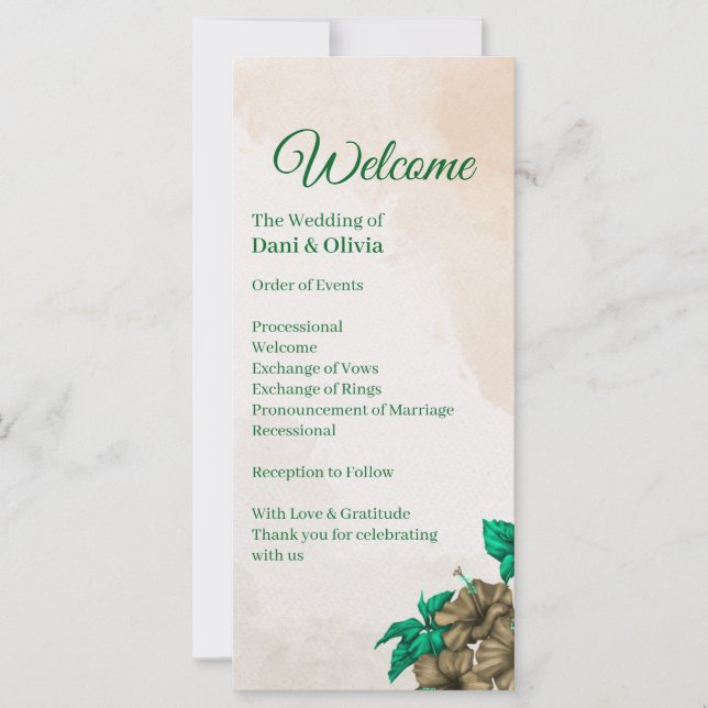 Elegantes grünes botanisches Hochzeitsprogramm (Vorderseite)