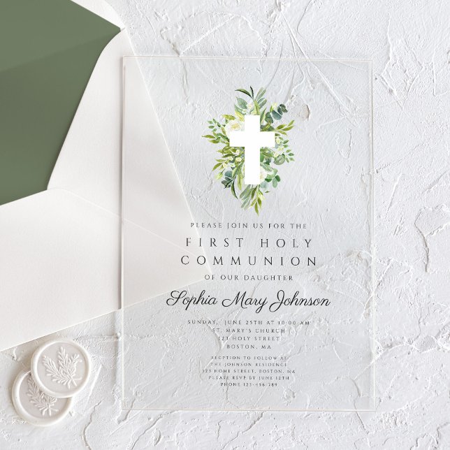 Elegantes grünes botanisches Kreuz Erste Kommune Acryleinladungen (Elegant Green Botanical Cross First Communion Acrylic Invitations)