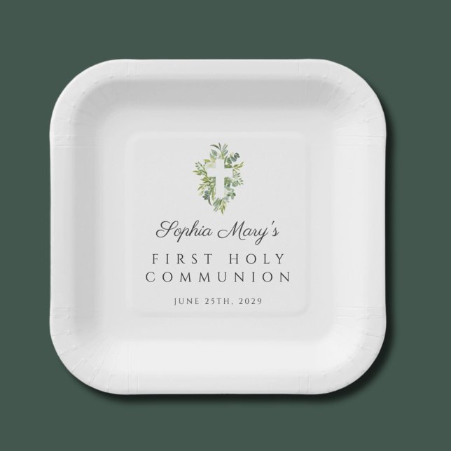 Elegantes grünes botanisches Kreuz Erste Kommune Pappteller (Elegant Green Botanical Cross First Communion Paper Plates)
