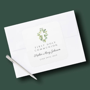 Elegantes grünes botanisches Kreuz Erste Kommune Quadratischer Aufkleber