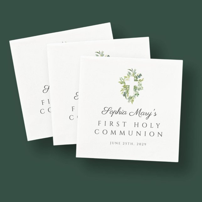 Elegantes grünes botanisches Kreuz Erste Kommune Serviette (Elegant Green Botanical Cross First Communion Napkins)
