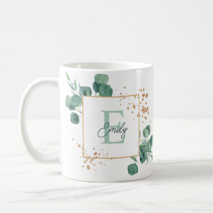 Elegantes grünes Eukalyptus- & Goldfolien-Monogram Kaffeetasse