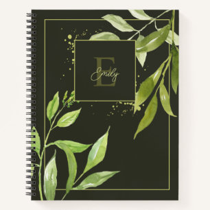 Elegantes grünes florales Wasserfarben-Monogramm Notizbuch