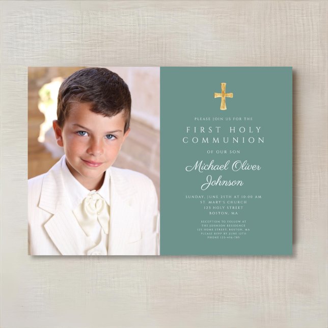Elegantes Grünes Foto Boy First Communion Einladung (Elegant Green Photo Boy First Communion Invitation)