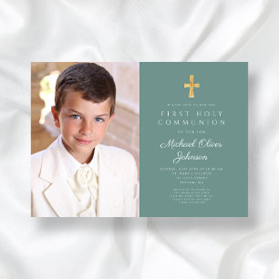 Elegantes Grünes Foto Boy First Communion Einladung